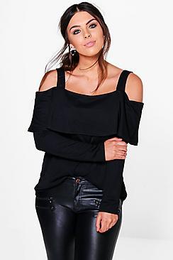 Boohoo Plus Camilla Cold Shoulder Long Sleeve Frill Top