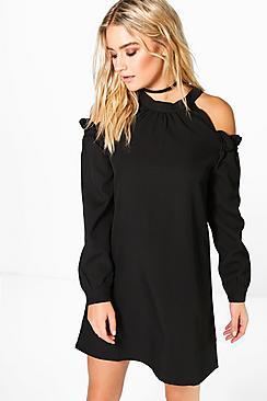 Boohoo Anabelle High Neck Ruffle A Line Shift Dress