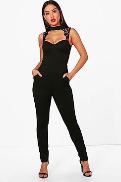Boohoo Tilda Choker And Lace Detail Jumpsuit