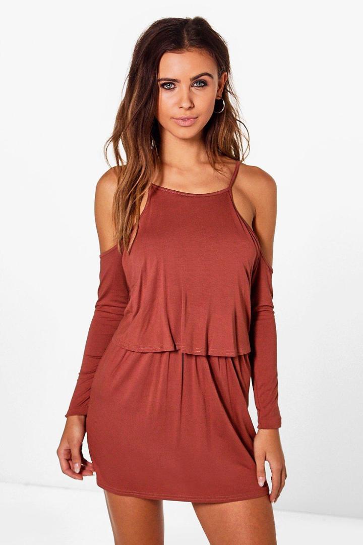 Boohoo Petite Nina Cold Shoulder Frill Long Sleeve Dress Chestnut