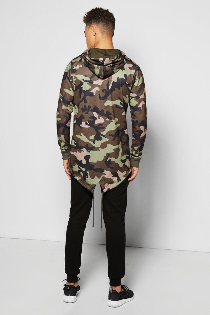 Boohoo Longline Fishtail Camo Hoodie Khaki