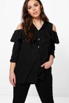 Boohoo Plus Danielle Open Shoulder Ruffle Shirt Black