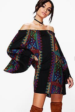 Boohoo Casey Panel Print Off Shoulder Shift Dress