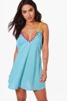 Boohoo Molly Pom Pom Swimg Beach Dress Turquoise