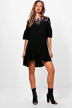 Boohoo Embroidered Folk Shift Dress
