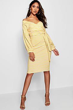 Boohoo Nina Stripe Off The Shoulder Midi Dress