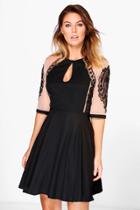 Boohoo Polly Mesh And Lace Panelled Skater Dress Black