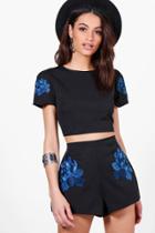 Boohoo Emily Embroidered Crop & Short Co-ord Set Black
