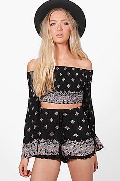 Boohoo Maria Shirred Wide Sleeve Top & Short Co-ord
