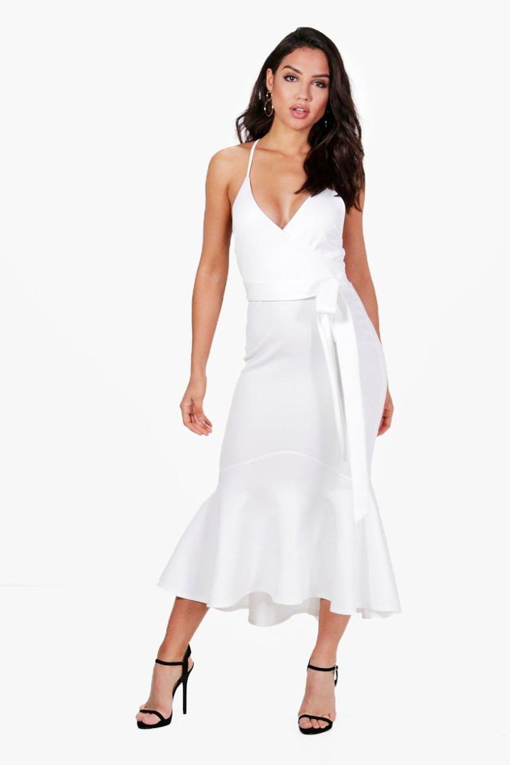 Boohoo Emma Plunge Wrap Frill Hem Midi Dress Ivory