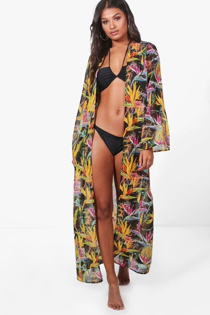 Boohoo Nicole Paradise Bird Maxi Beach Kimono Multi