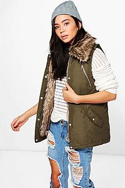 Boohoo Maria Detachable Faux Fur Trim Parka Gilet