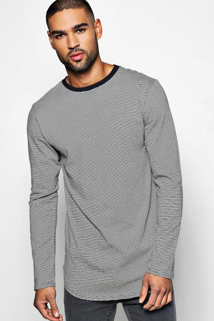 Boohoo Long Sleeve Curved Hem Stripe T Shirt Navy