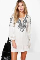 Boohoo Tisha Embroidered Frill Hem Smock Dress Stone