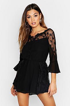Boohoo Lace Up Peasant Sleeve Playsuit
