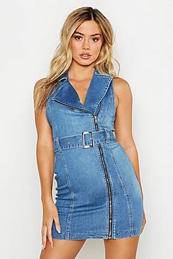 Boohoo Petite Sleeveless Belted Bodycon Denim Dress