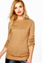 Boohoo Caroline Raglan Sleeve Jumper With Mock Pocket Zippers Camel
