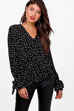 Boohoo Spot Print Wrap Over Blouse