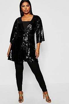 Boohoo Plus Sequin Belted Kimono
