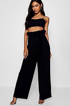Boohoo Crepe Paperbag Tie Waist Wide Leg Trouser