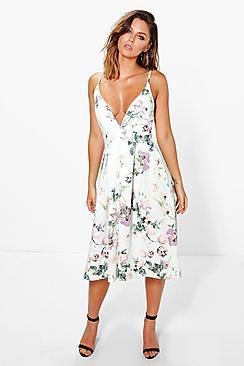 Boohoo Hazel Floral Plunge Neck Midi Skater Dress