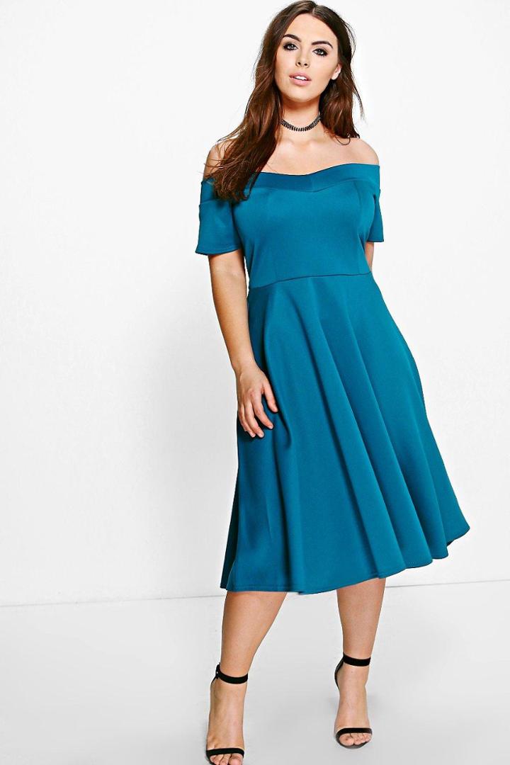 Boohoo Plus Emily Off The Shoulder Skater Dress Teal