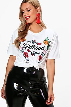 Boohoo Plus Imogen 'girlhood' Embroidered Tee