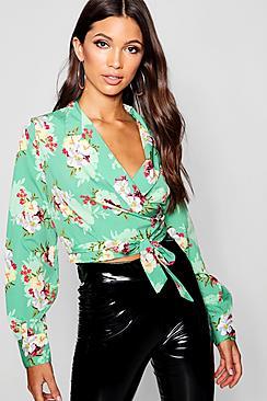 Boohoo Floral Print Lapel Collar Wrap Crop Top