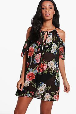 Boohoo Aimee Dark Floral Cold Shoulder Beach Dress