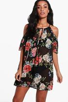 Boohoo Aimee Dark Floral Cold Shoulder Beach Dress