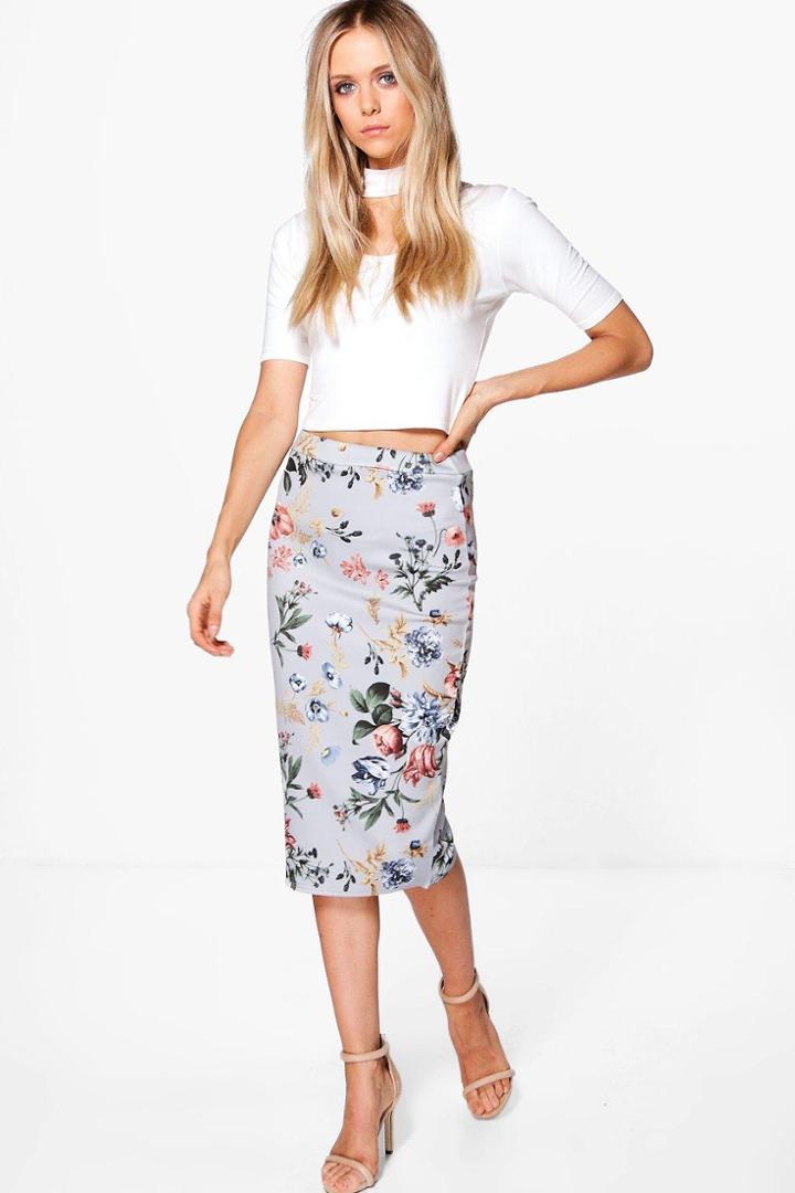 Boohoo Sophie Floral Scuba Midi Skirt Grey