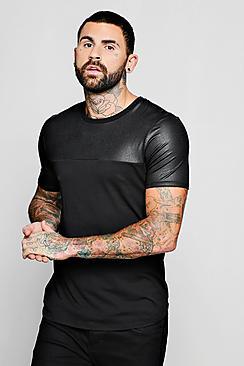 Boohoo Smart Leather Look Panel T-shirt With Curve Hem