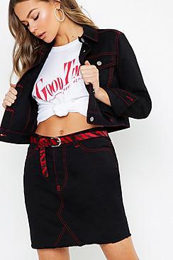Boohoo Red Contrast Stitch Denim Skirt