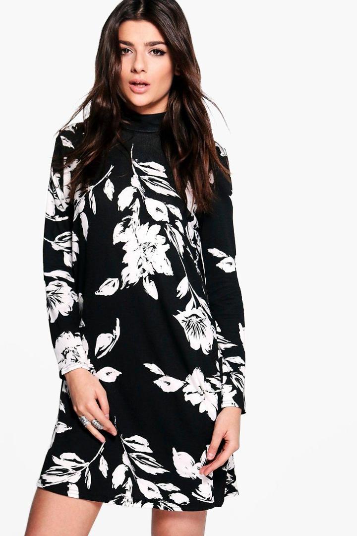 Boohoo Elsie Floral High Neck Swing Dress Black