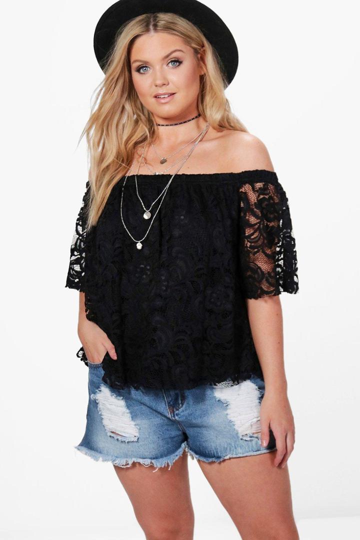 Boohoo Plus Hollie Off The Shoulder Lace Smock Top Black