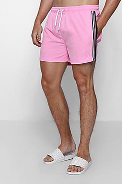 Boohoo Pink Mid Length Swim Short With Stripe Taping