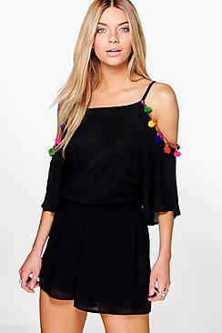 Boohoo Kizzy  Pom Pom Trim Open Shoulder Playsuit