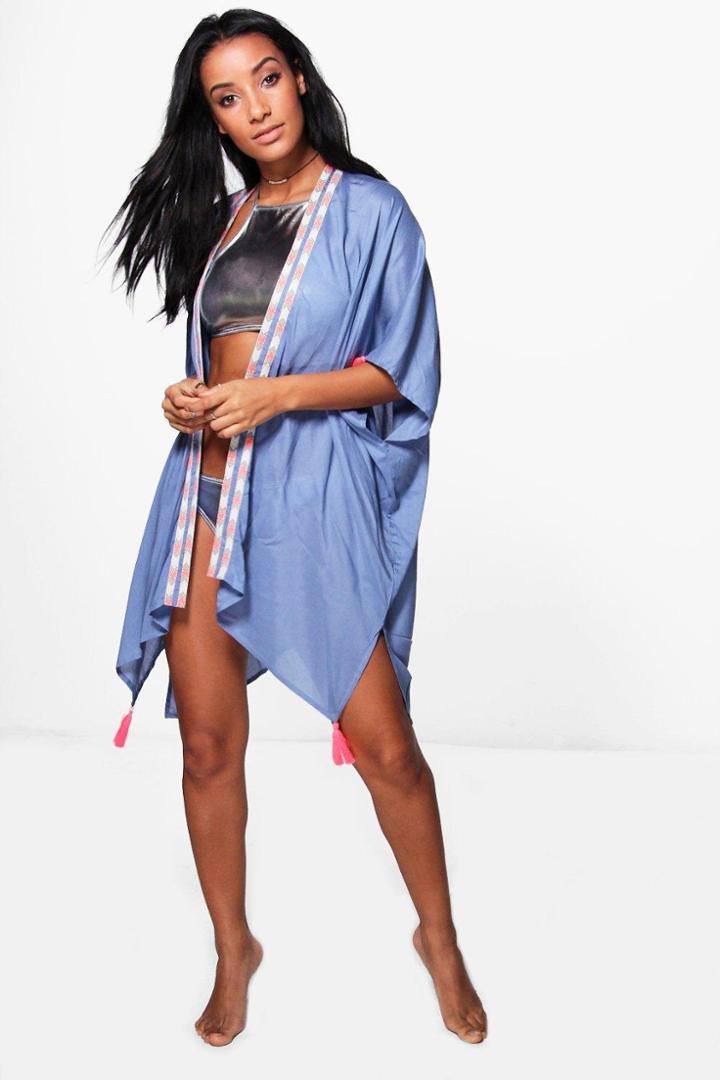 Boohoo Paige Neon Tassel Beach Kimono Blue