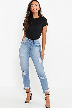 Boohoo Petite Distressed Hem Straight Leg Jean