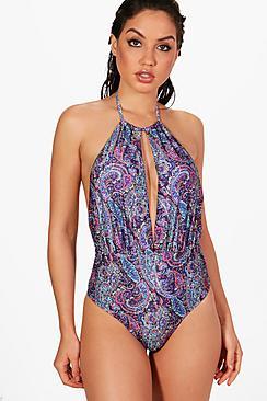 Boohoo Colombo Midnight Paisley Plunge Halter Swimsuit