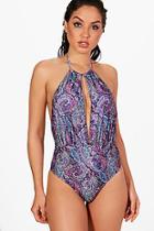 Boohoo Colombo Midnight Paisley Plunge Halter Swimsuit