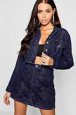 Boohoo Tonal Flocked Indigo Crop Denim Jacket