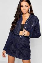 Boohoo Tonal Flocked Indigo Crop Denim Jacket