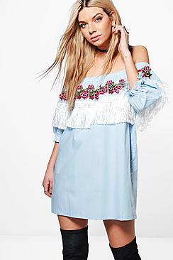 Boohoo Callie Embroidered Tassel Shift Dress