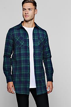 Boohoo Long Sleeve Navy And Green Check Longline Shirt