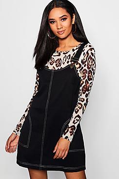 Boohoo Petite Contrast Stitch Woven Pinafore Dress