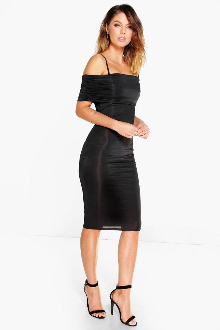 Boohoo Maisie Rouched Off Shoulder Slinky Midi Dress Black