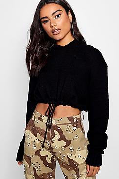 Boohoo Hooded Ruched Hem Soft Knit Crop Jumper