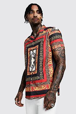 Boohoo Baroque Placement Short Sleeve Revere Shirt