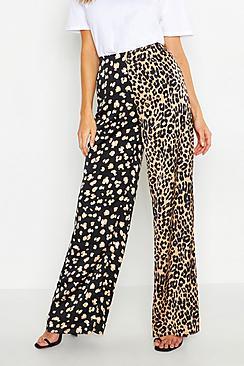 Boohoo Leopard Satin Splice Wie Leg Trouser